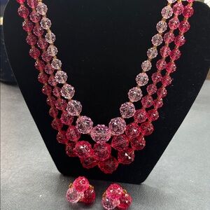 275- West Germany Pink Lucite/Acrylic Ombre triple Beaded Neck. & Clip Earrings